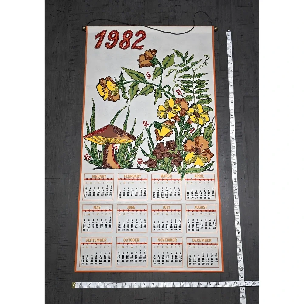 Vintage‎ 1982 Felt Wall Calendar with Sequins, Mushrooms & Floral Design